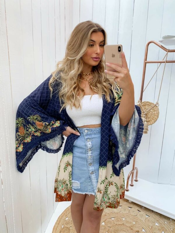 Dark Blue / Beige Pineapple Stamp Kimono