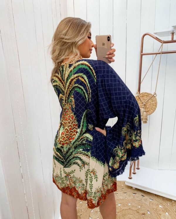 Dark Blue / Beige Pineapple Stamp Kimono