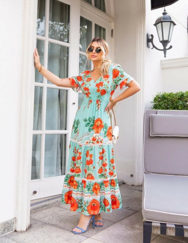 Floral Aqua Stamp Maxi Dress