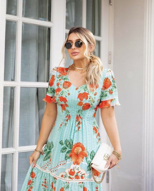 Floral Aqua Stamp Maxi Dress